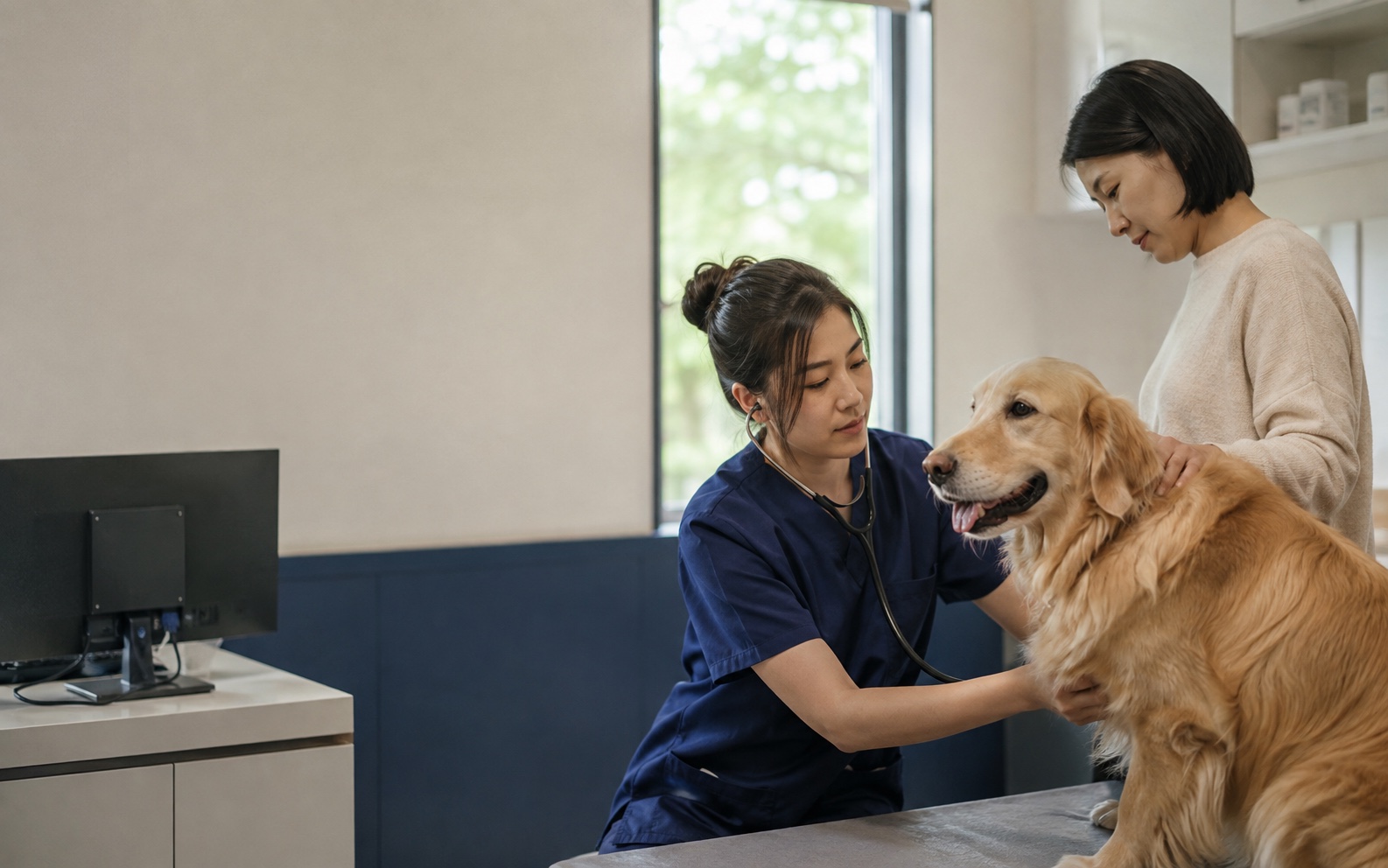 兽医为金毛犬进行门诊检查，宠物主人陪同