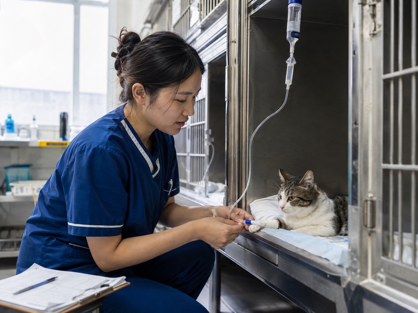 住院护士照护接受输液的猫